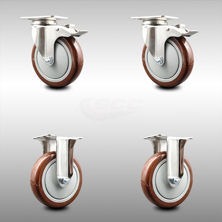 Service Caster 5 Inch 316SS Maroon Polyurethane Swivel Plate Caster Lock Brake 2 Rigid, 2PK SCC-SS316TTL20S514-PPUB-MRN-2-R-2